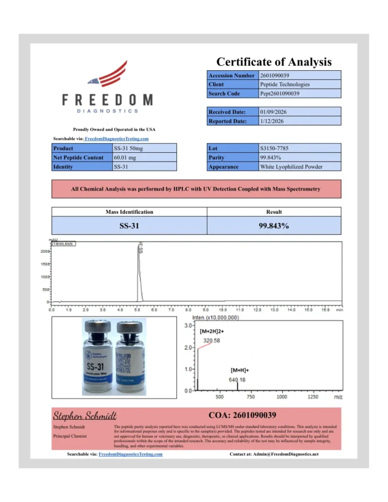 First page of the certificate of analysis for SS-31