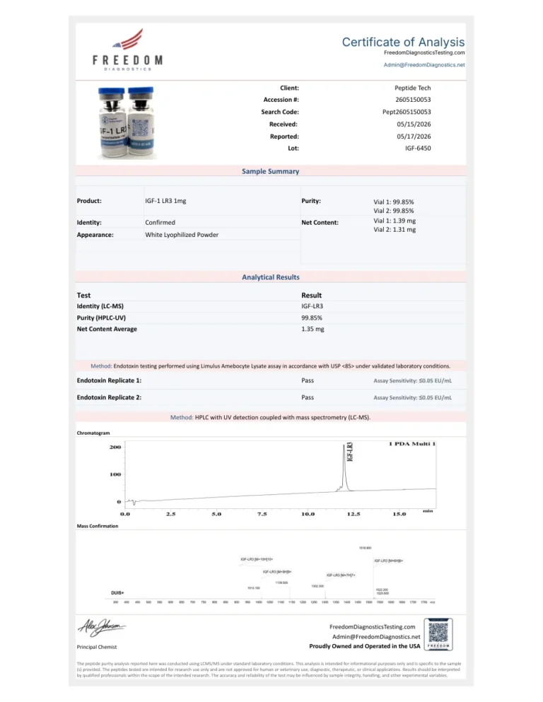 First page of the certificate of analysis for IGF-1 LR3