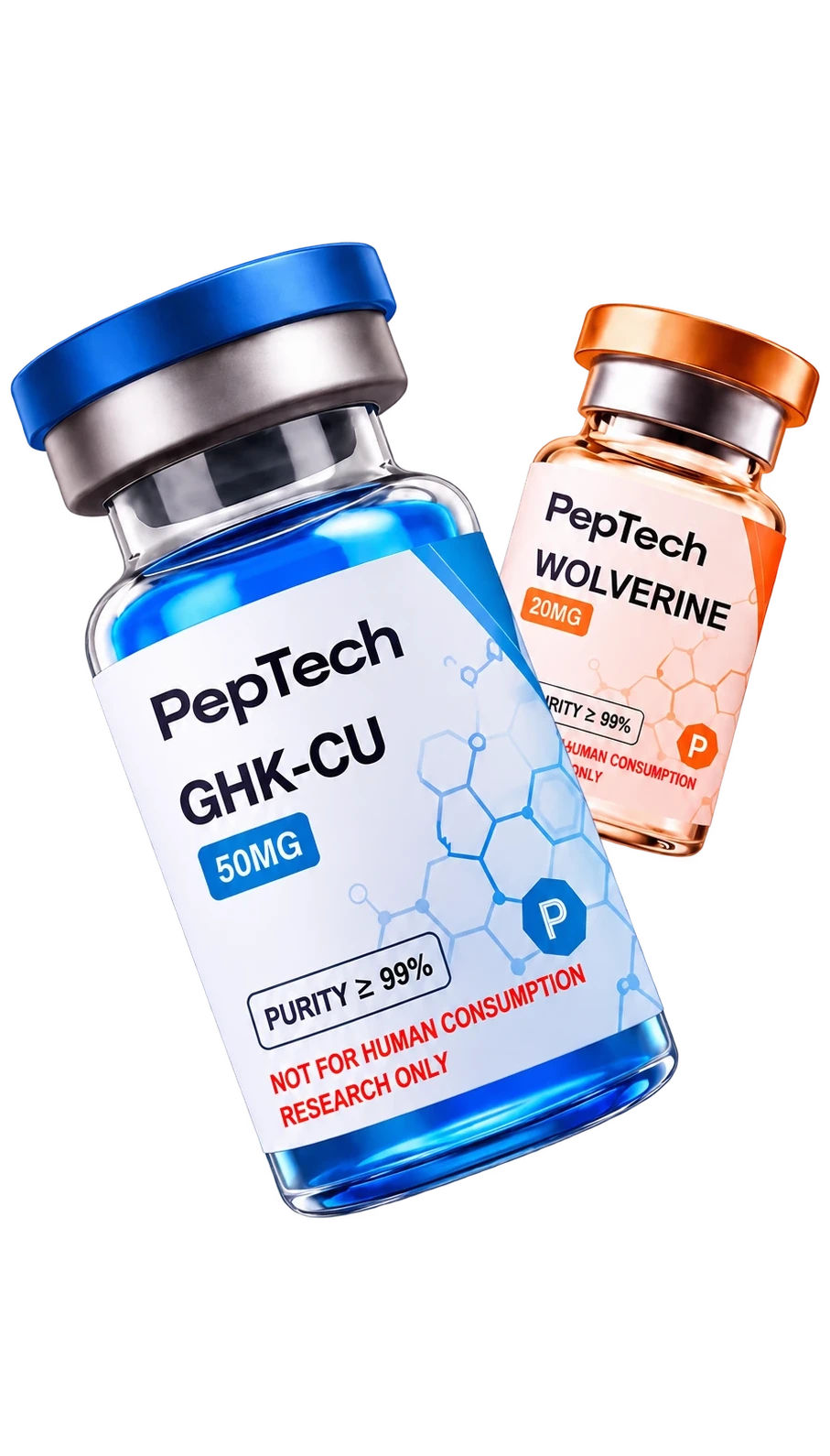 PepTech GHK-Cu 50 mg and Wolverine 20 mg vials, each labelled research use only