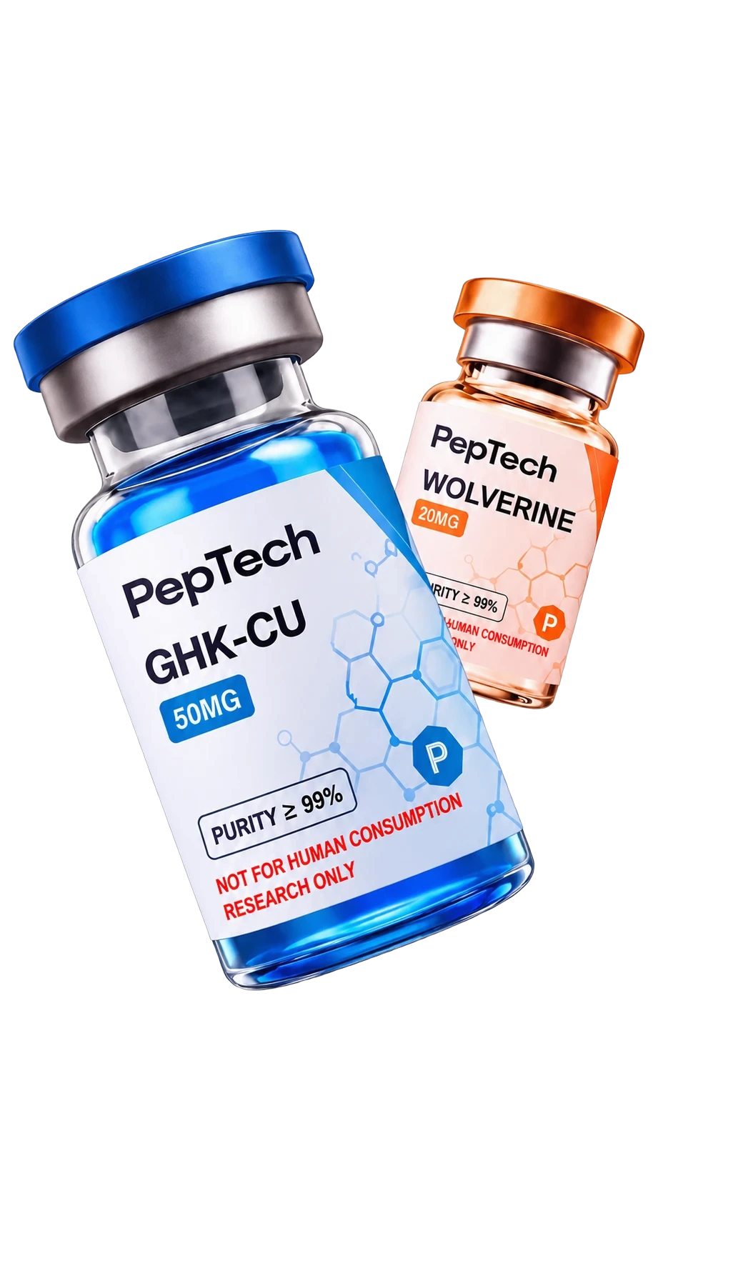 PepTech GHK-Cu 50 mg and Wolverine 20 mg vials, each labelled research use only