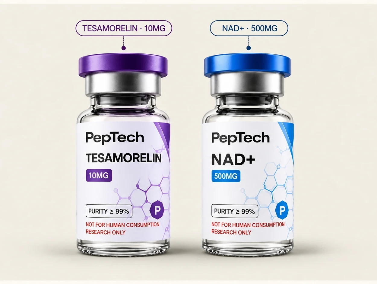 PepTech Tesamorelin 10 mg and NAD+ 500 mg vials, each labelled research use only