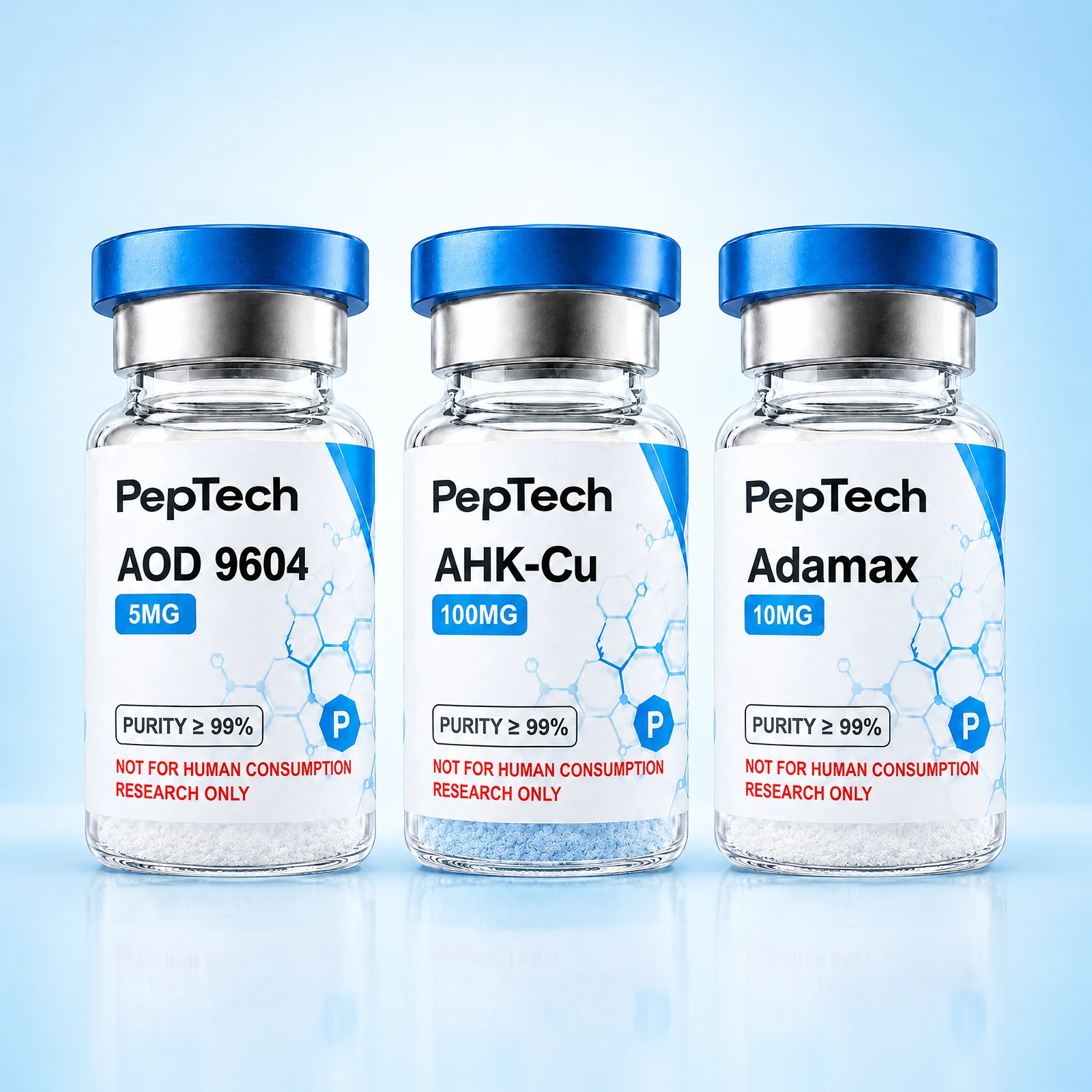 Three PepTech research vials - AOD 9604 5 mg, AHK-Cu 100 mg and Adamax 10 mg - each labeled for research use only